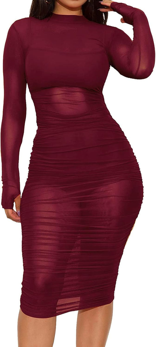 Womens Sexy Bodycon Midi Dresses See through Sheer Mesh Cover up Ruched Dress + Crop Tops + Shorts Party Club Bodysuit Wine Red M
