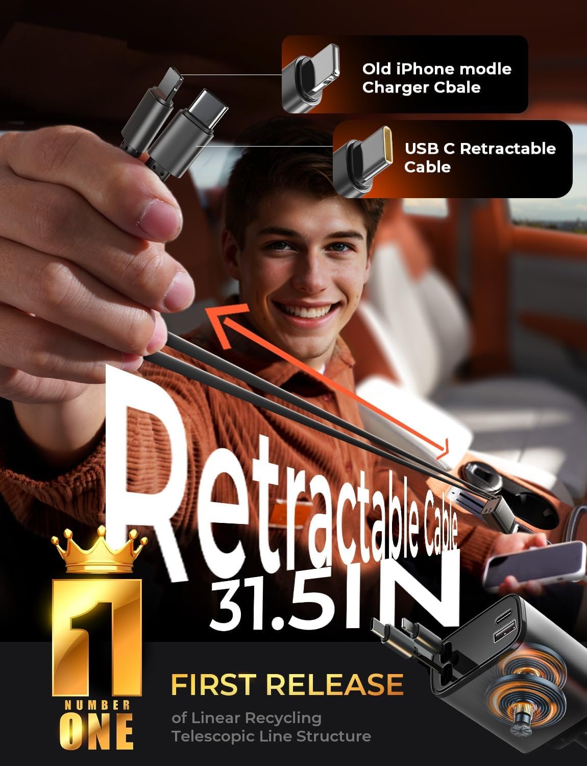 LISEN Retractable Car Charger - detail view 2