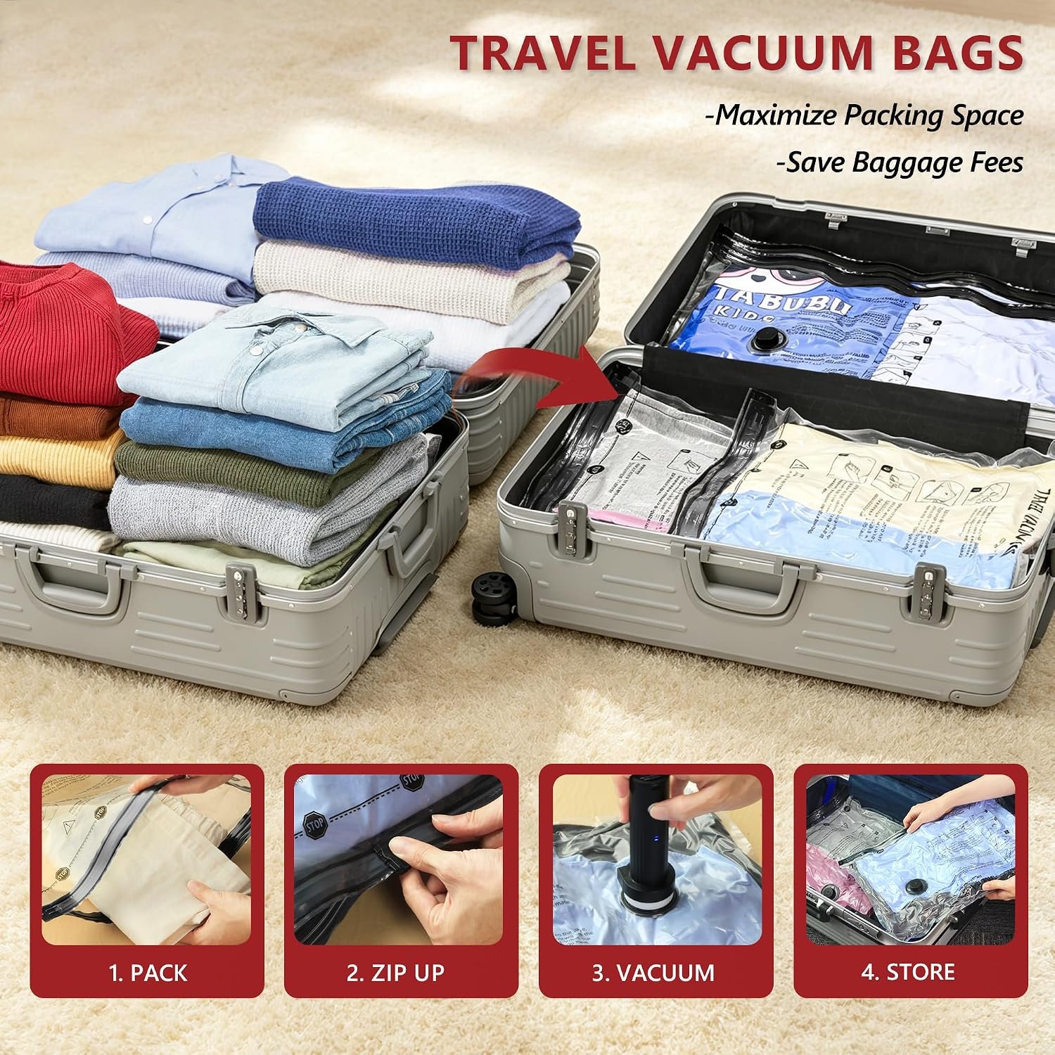 Travel Vacuum Bags for Clothing with Cordless Pump 18 Combo, Clear - detail view 1
