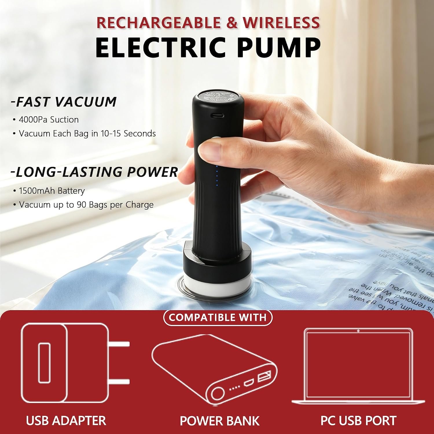 Travel Vacuum Bags for Clothing with Cordless Pump 18 Combo, Clear - detail view 4