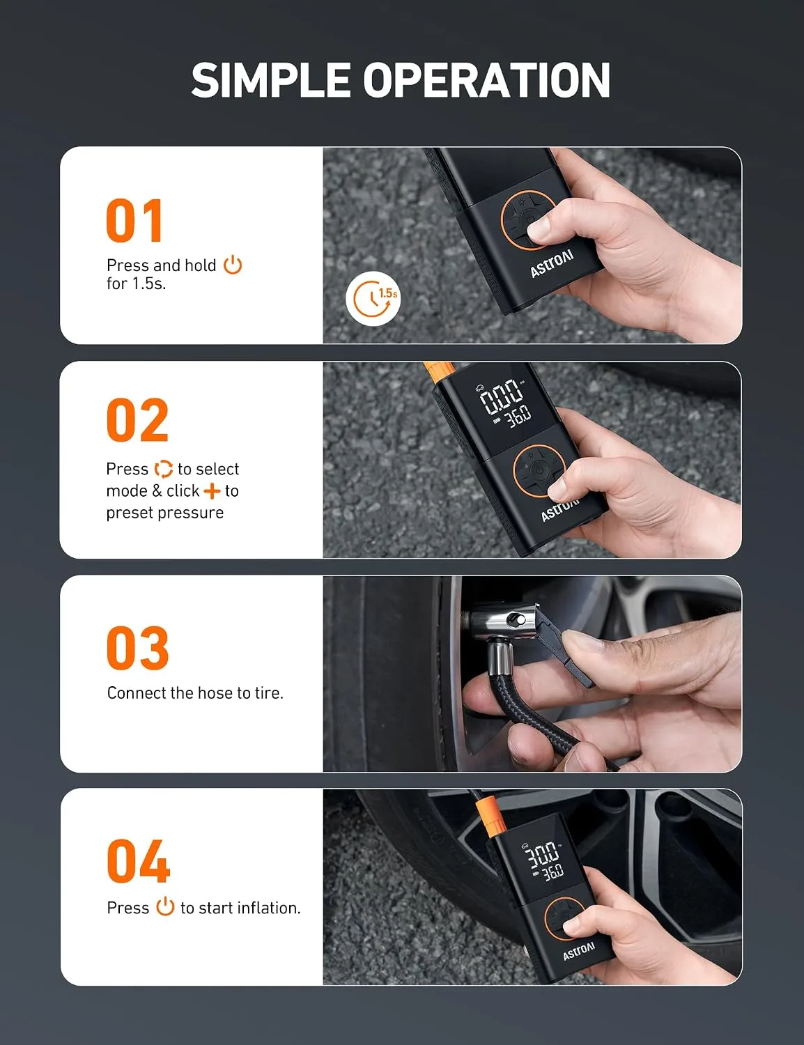 AstroAI L7 Cordless Tire Inflator, 150 PSI Portable - detail view 9