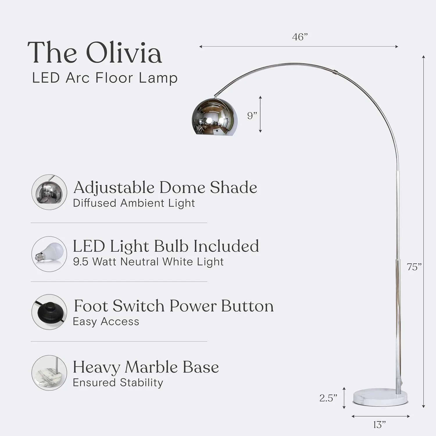 Brightech Olivia Floor Lamp - Arc Lamp with Marble Base - detail view 2