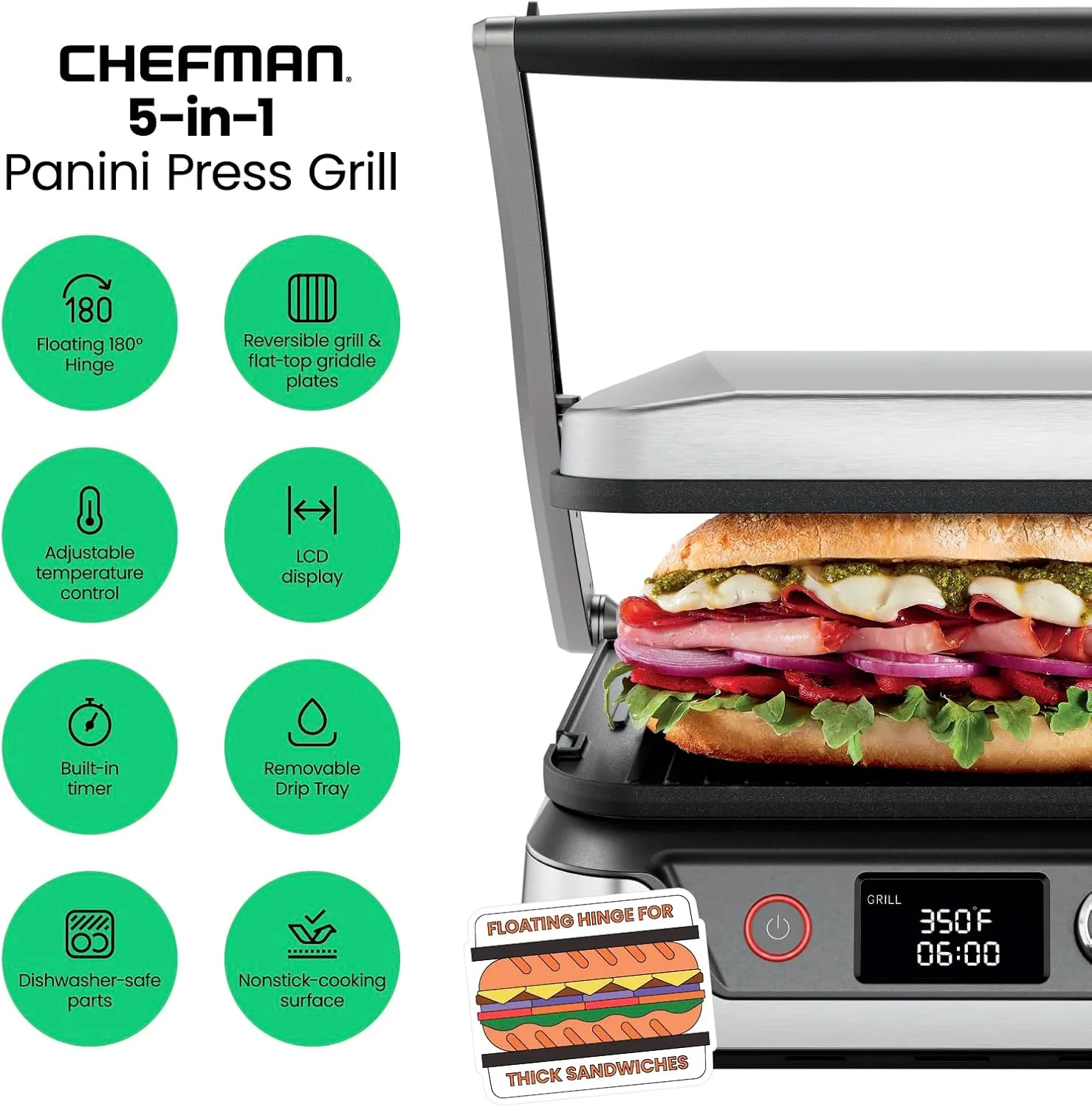 Chefman 5-in-1 Panini Press with Reversible Grill Plates - detail view 1