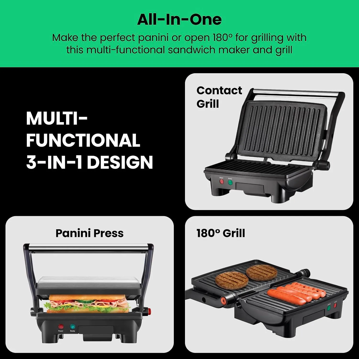Chefman Electric Panini Press Grill, 180-Degree Open Flat - detail view 2