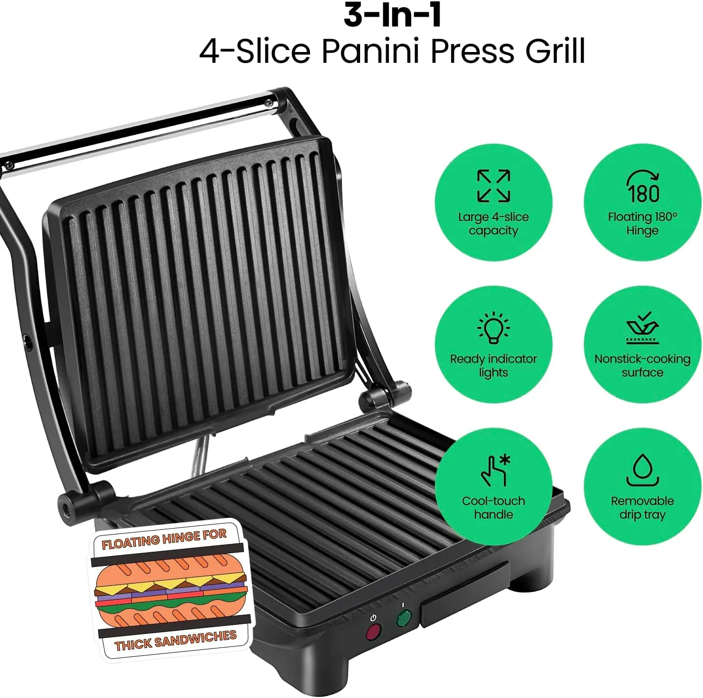 Chefman Panini Press Grill, 4-Slice 180 Degree Open - detail view 1