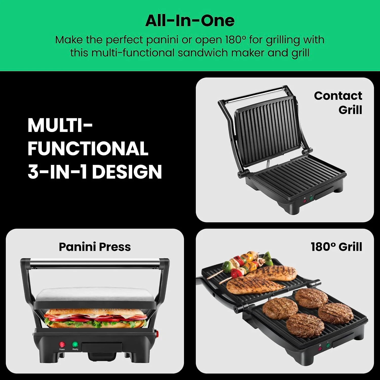 Chefman Panini Press Grill, 4-Slice 180 Degree Open - detail view 2
