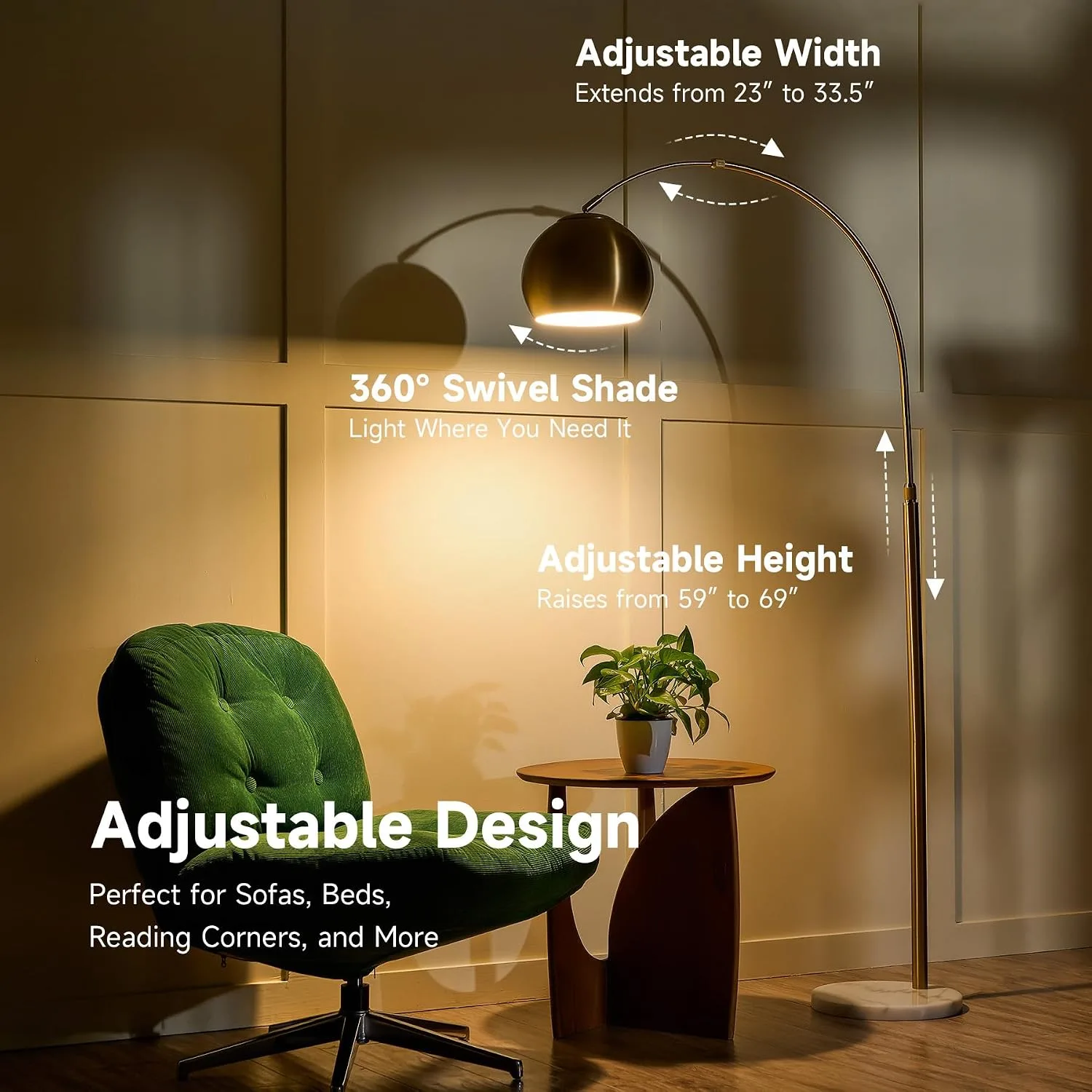 CO-Z 69" Modern Arc Floor Lamp, Gold with Marble Base - detail view 1