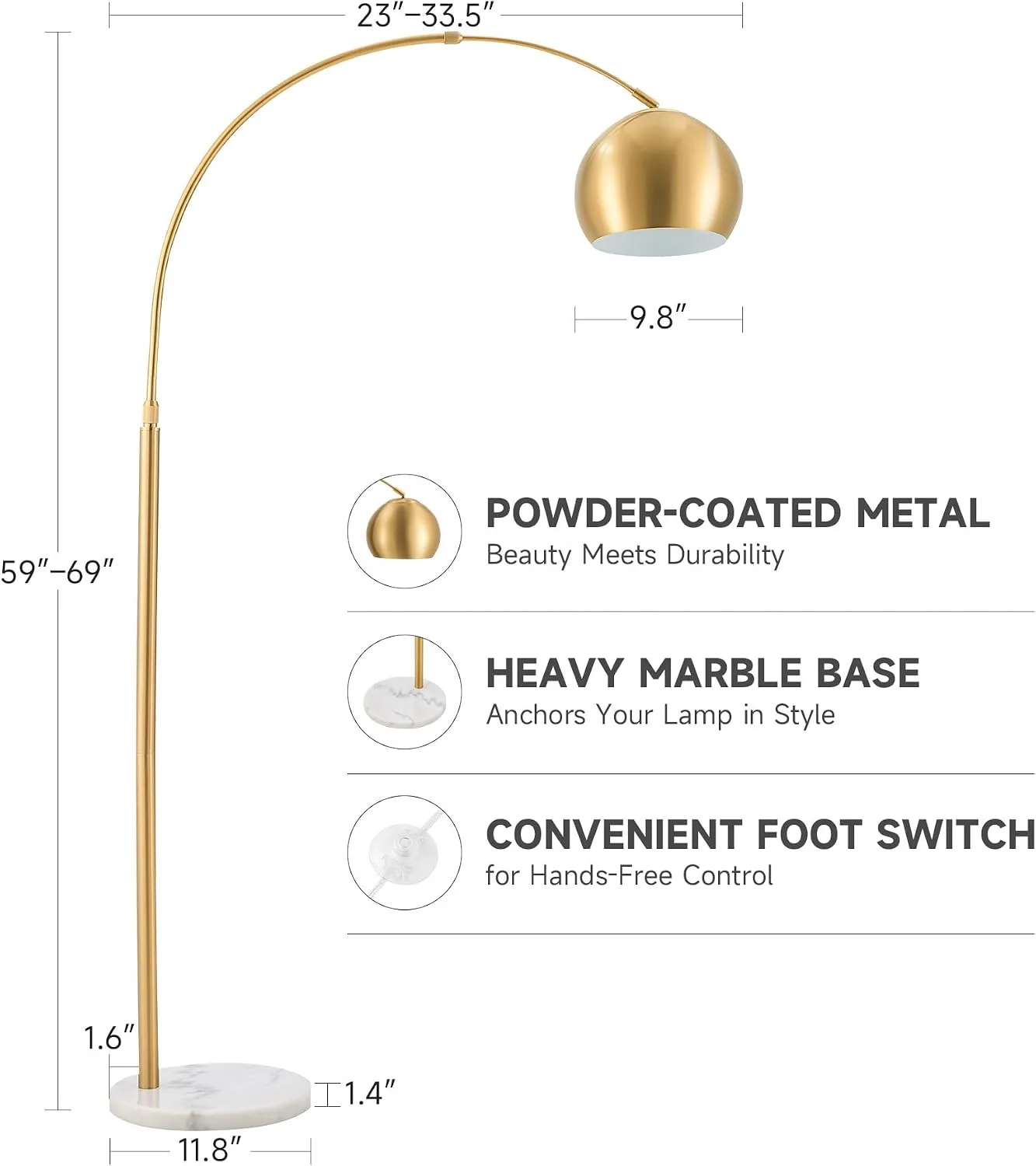 CO-Z 69" Modern Arc Floor Lamp, Gold with Marble Base - detail view 3