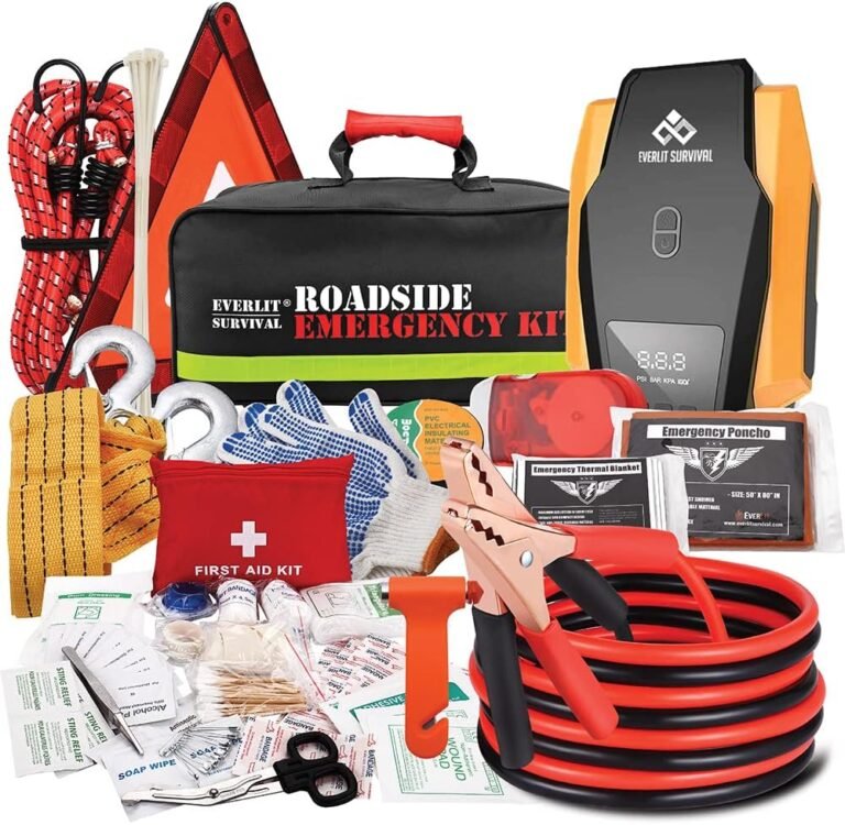 Everlit Survival Car Emergency Kit with gloves, tire inflator, and first aid supplies
