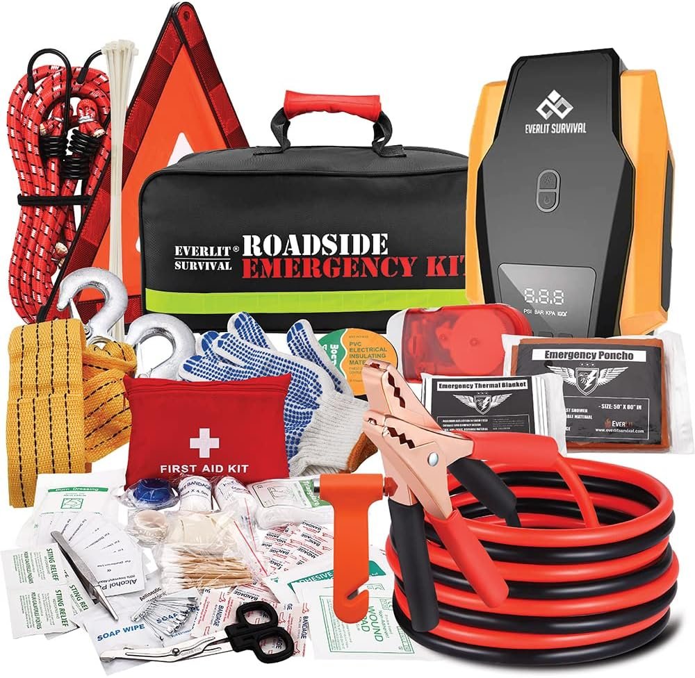 Everlit Survival Car Emergency Kit with gloves, tire inflator, and first aid supplies