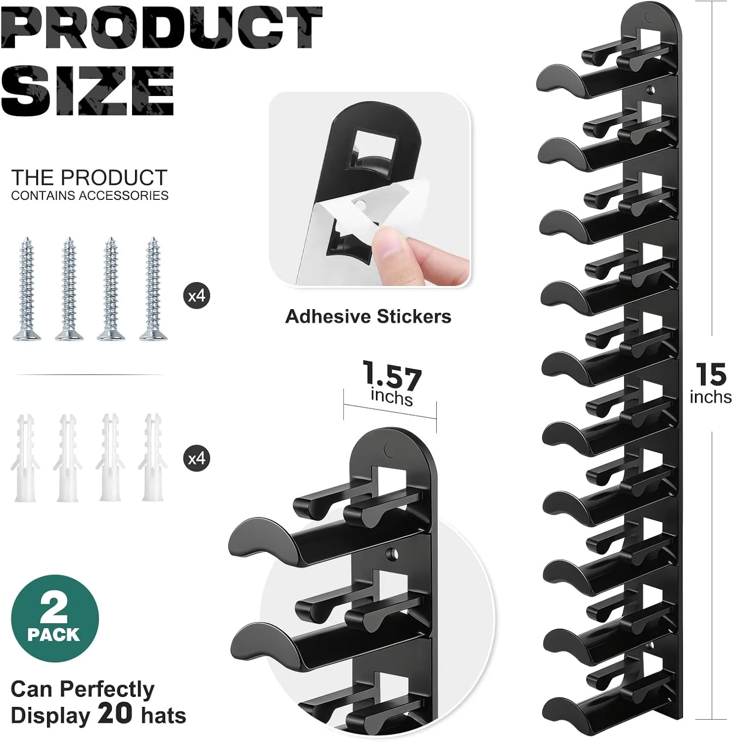 Hat Hook Wall Organizer 2 Pack, Holds 20 Hats - detail view 1