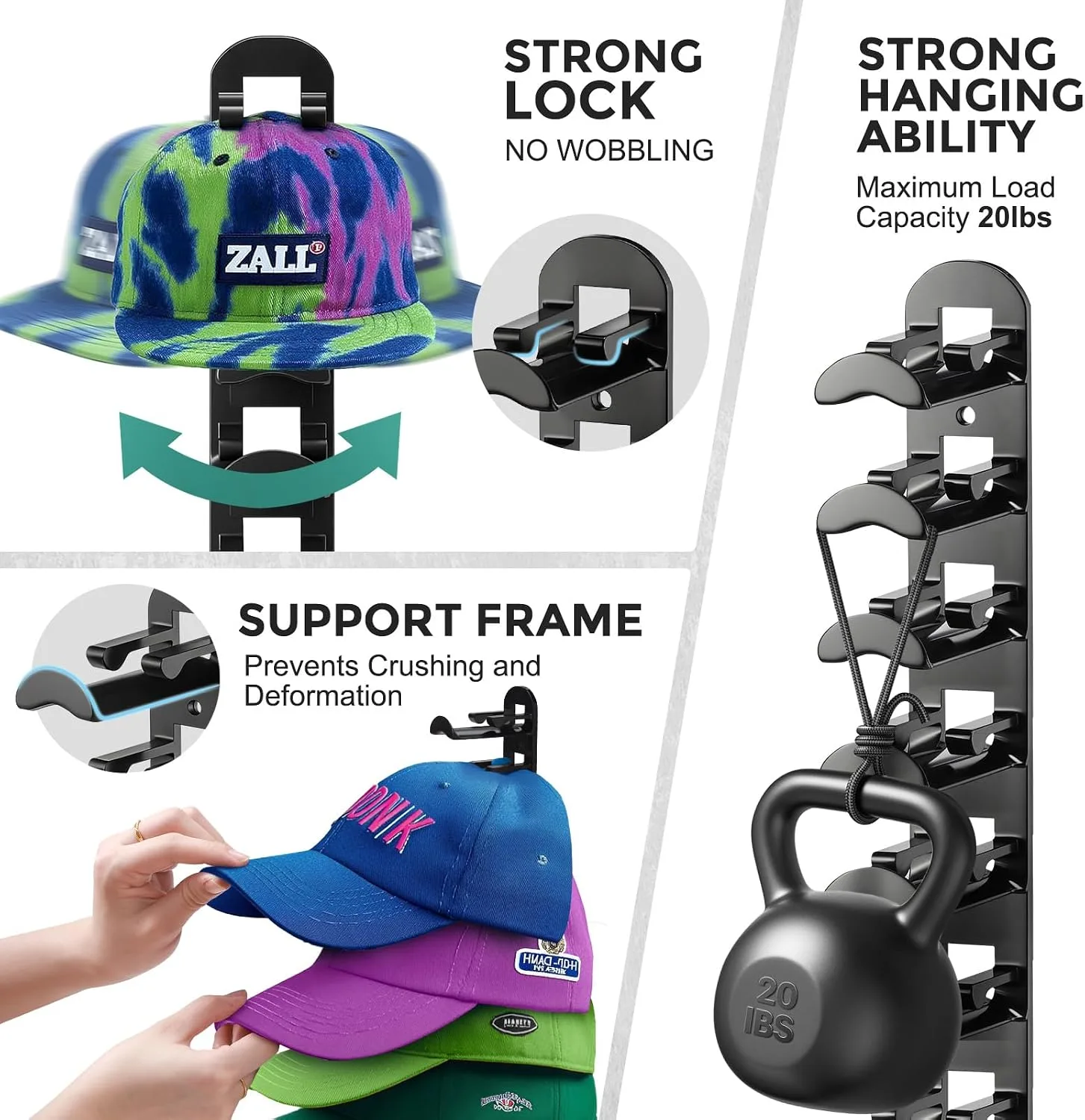 Hat Hook Wall Organizer 2 Pack, Holds 20 Hats - detail view 2