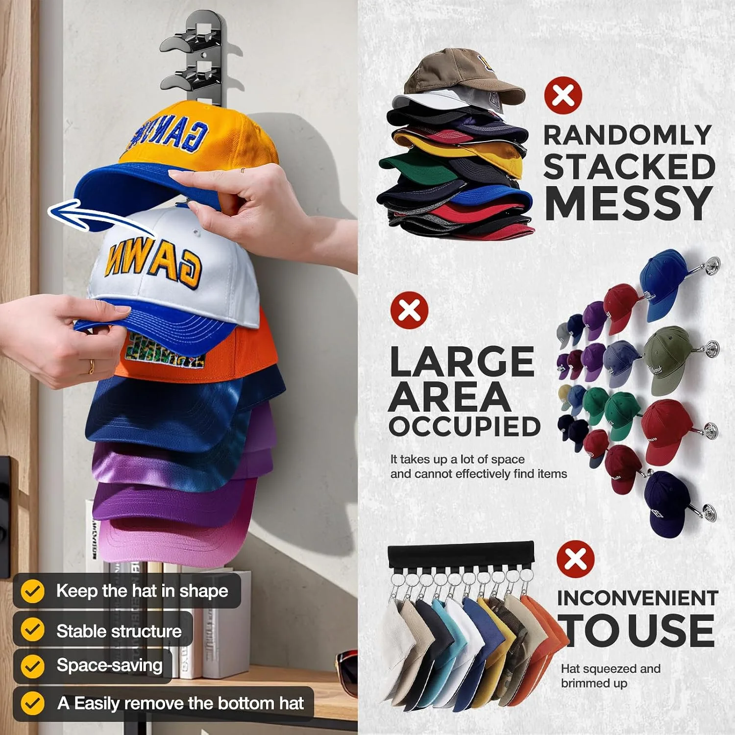 Hat Hook Wall Organizer 2 Pack, Holds 20 Hats - detail view 4