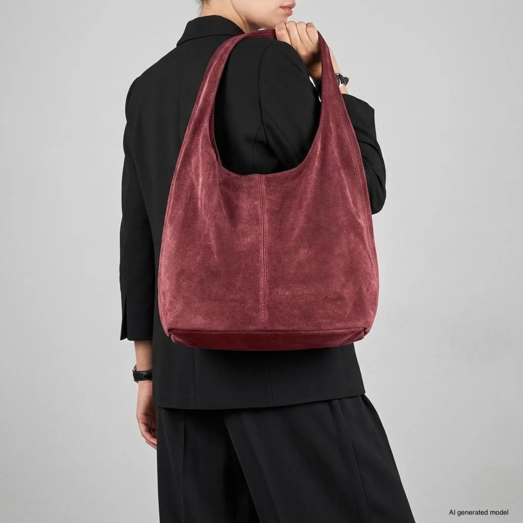 Italian Genuine Suede Hobo Bag, Large Burgundy - detail view 1
