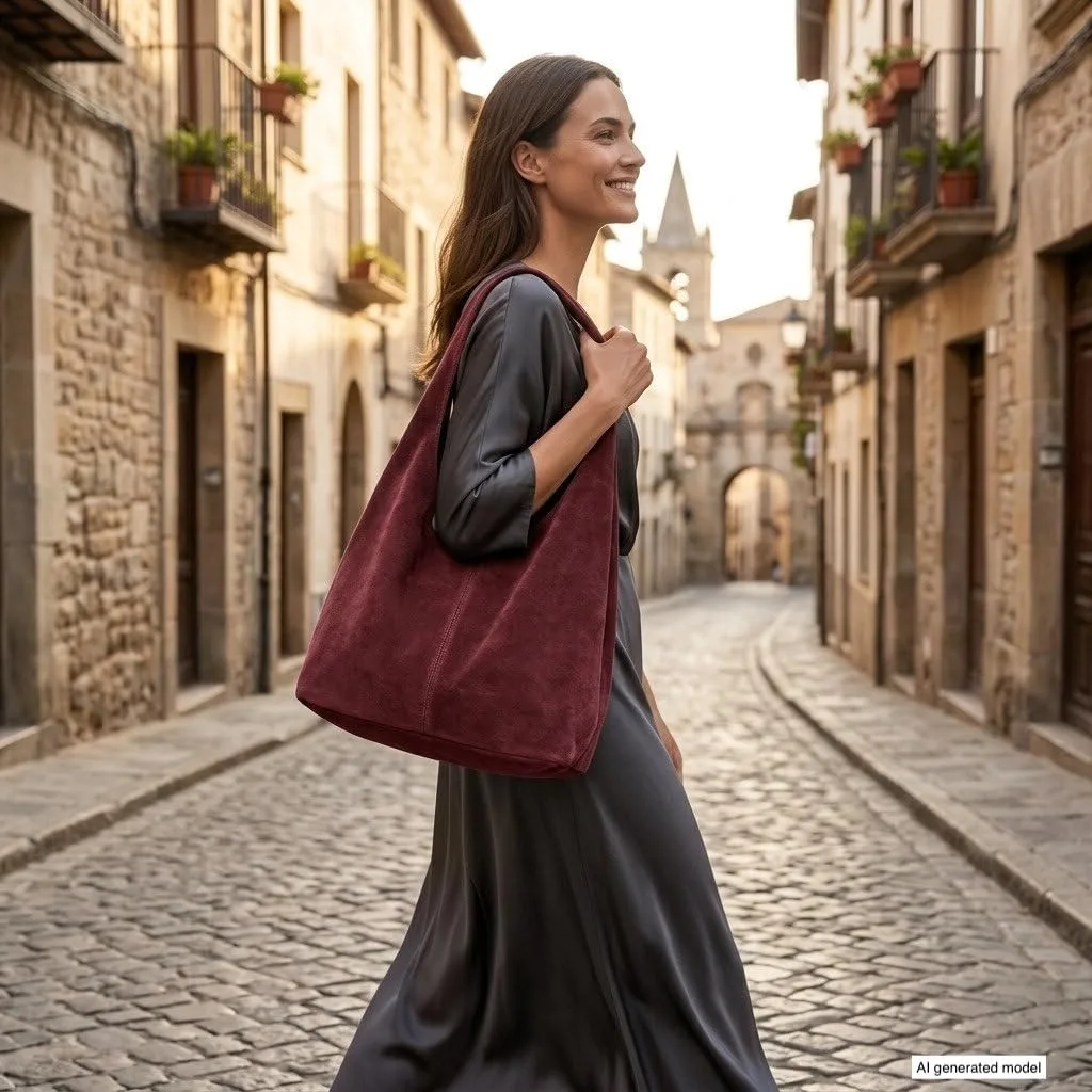 Italian Genuine Suede Hobo Bag, Large Burgundy - detail view 2