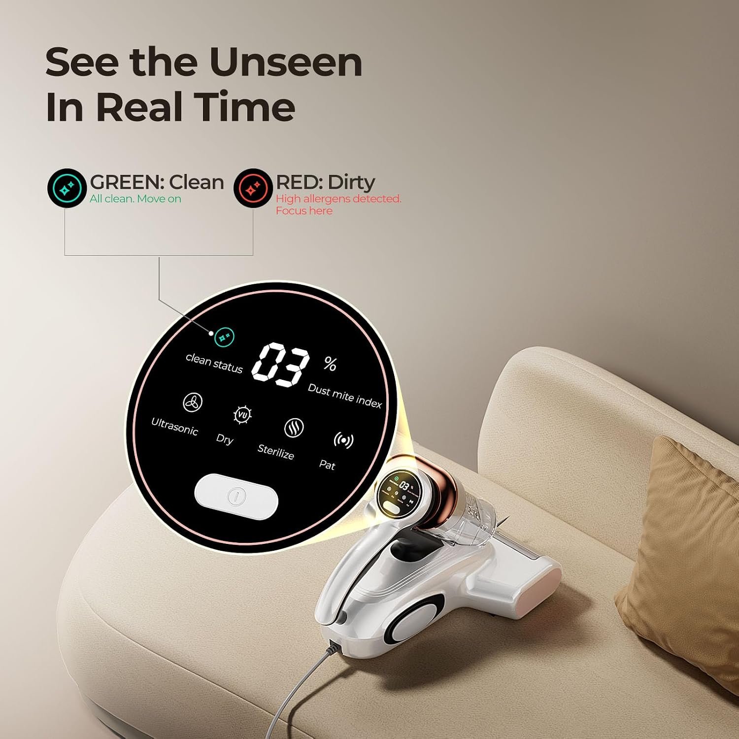 JIGOO J300 Bed Vacuum with Dust Sensor and UV Heat - detail view 2