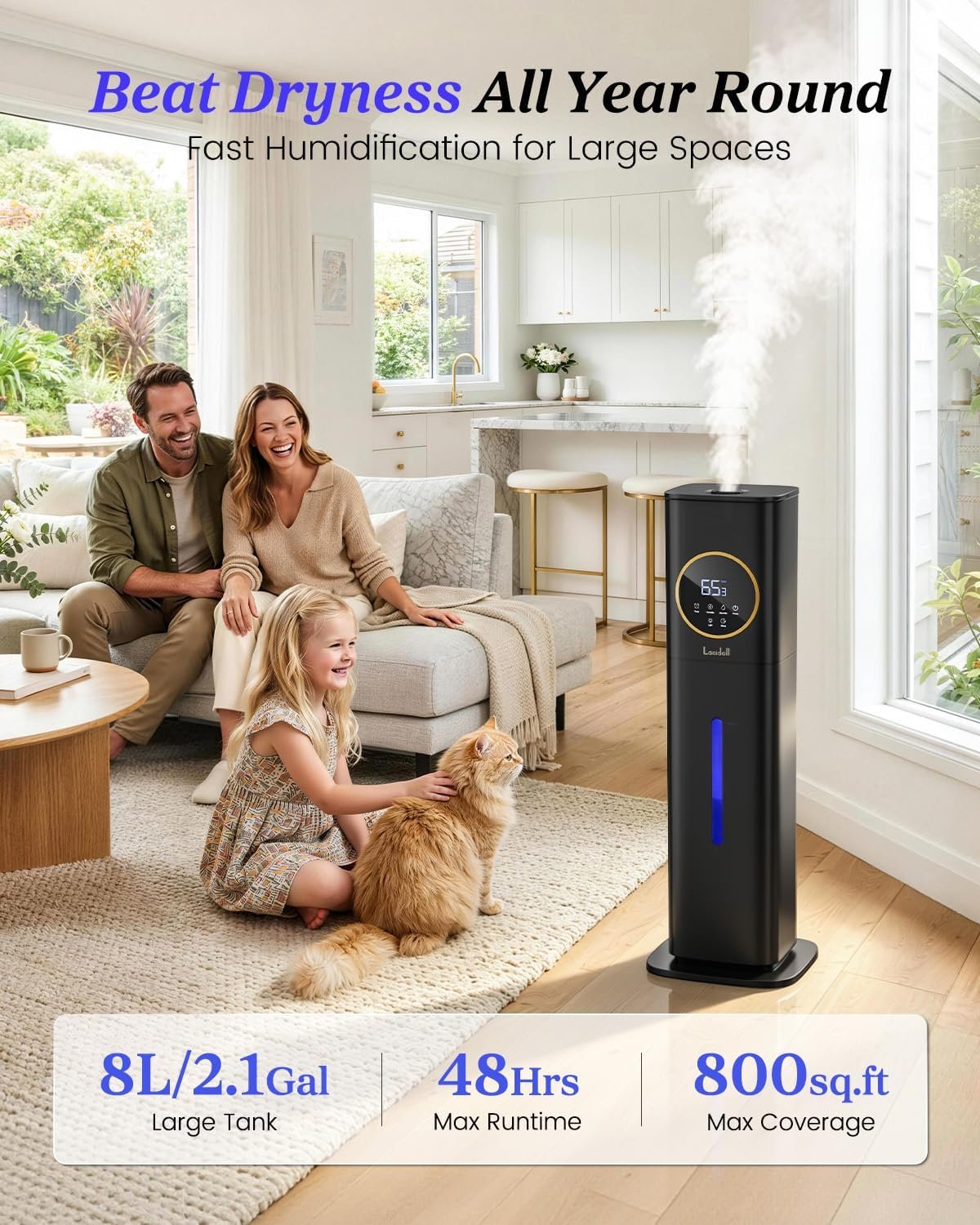 Lacidoll 8L Large Humidifier for Bedroom Large Room Home 800 sq ft, Black - detail view 1