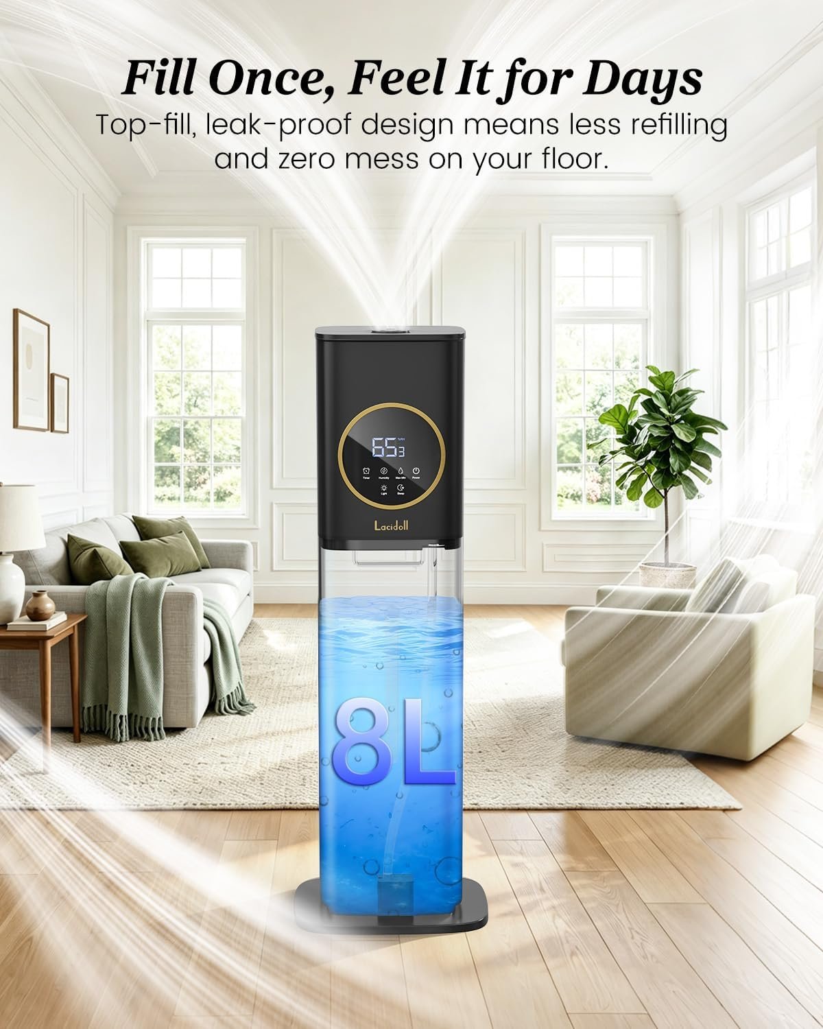 Lacidoll 8L Large Humidifier for Bedroom Large Room Home 800 sq ft, Black - detail view 2