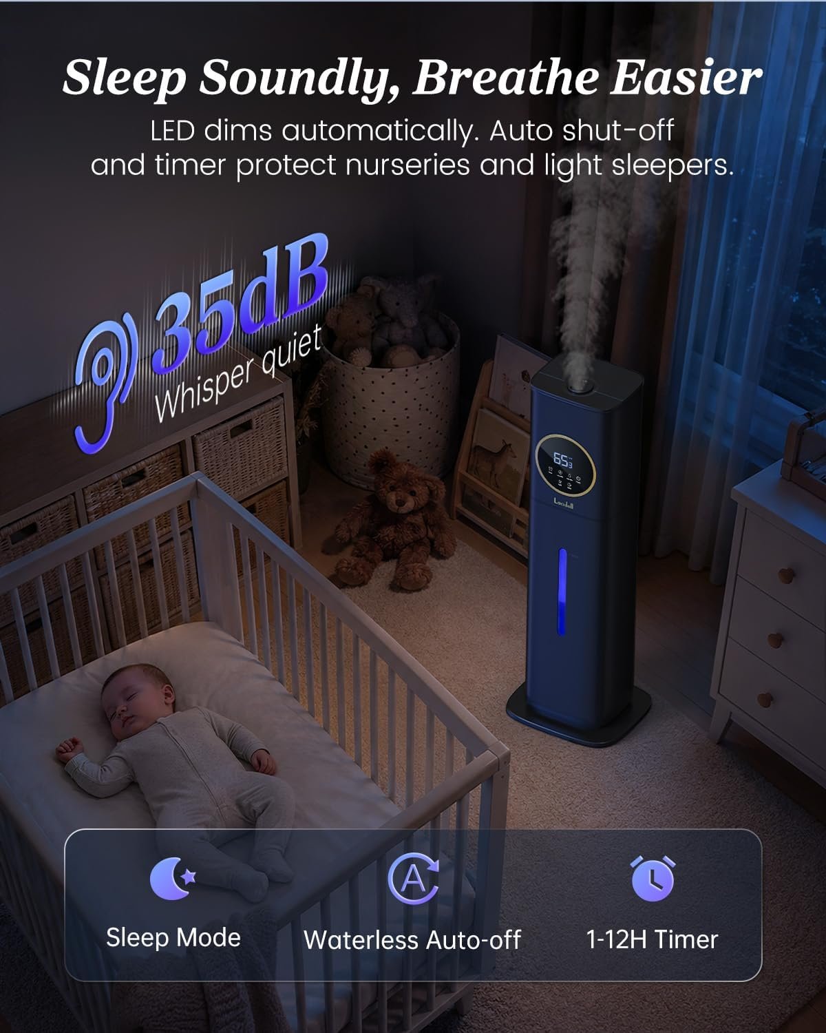 Lacidoll 8L Large Humidifier for Bedroom Large Room Home 800 sq ft, Black - detail view 5