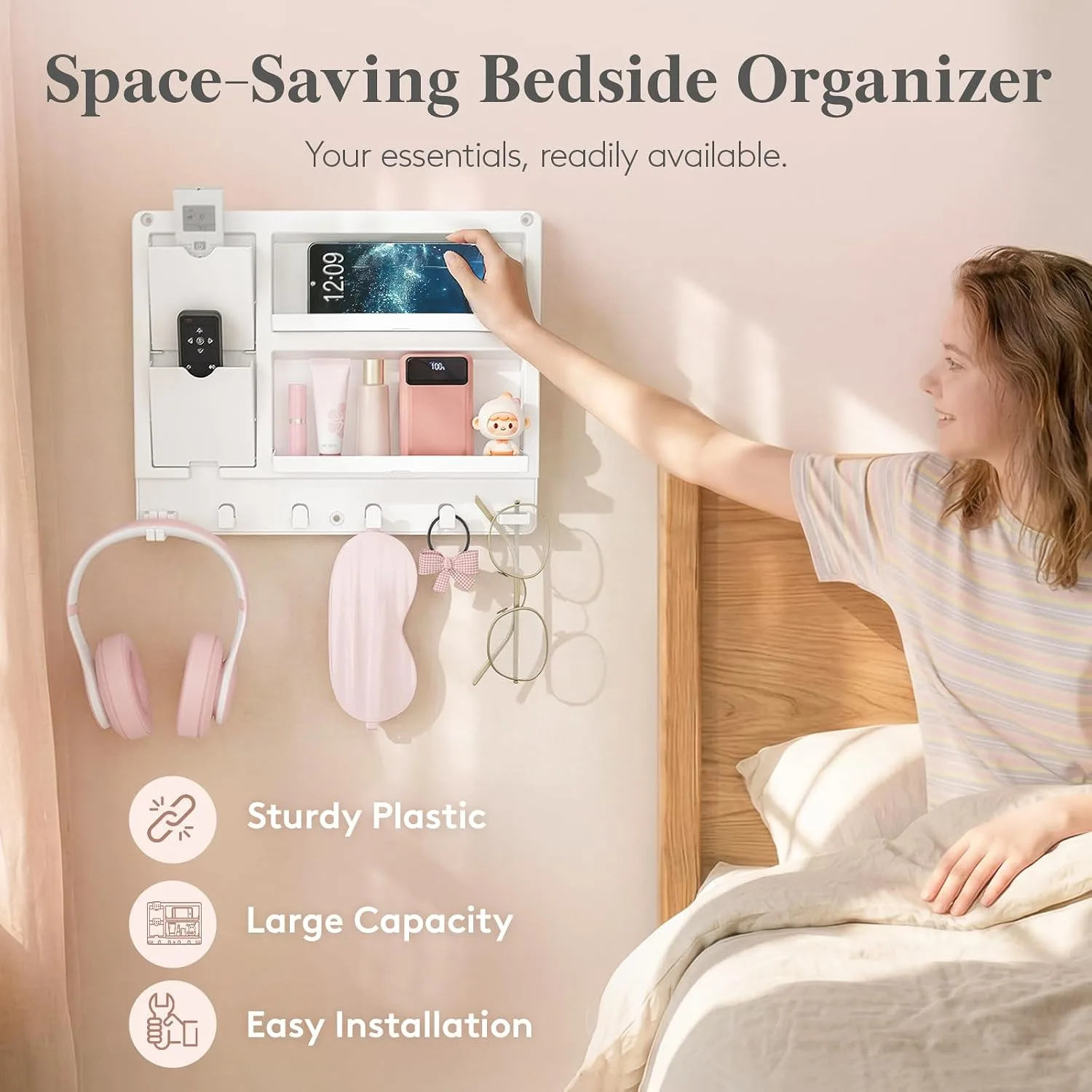 Lifewit Plastic Bedside Wall Shelf, Adhesive Floating Design - detail view 4