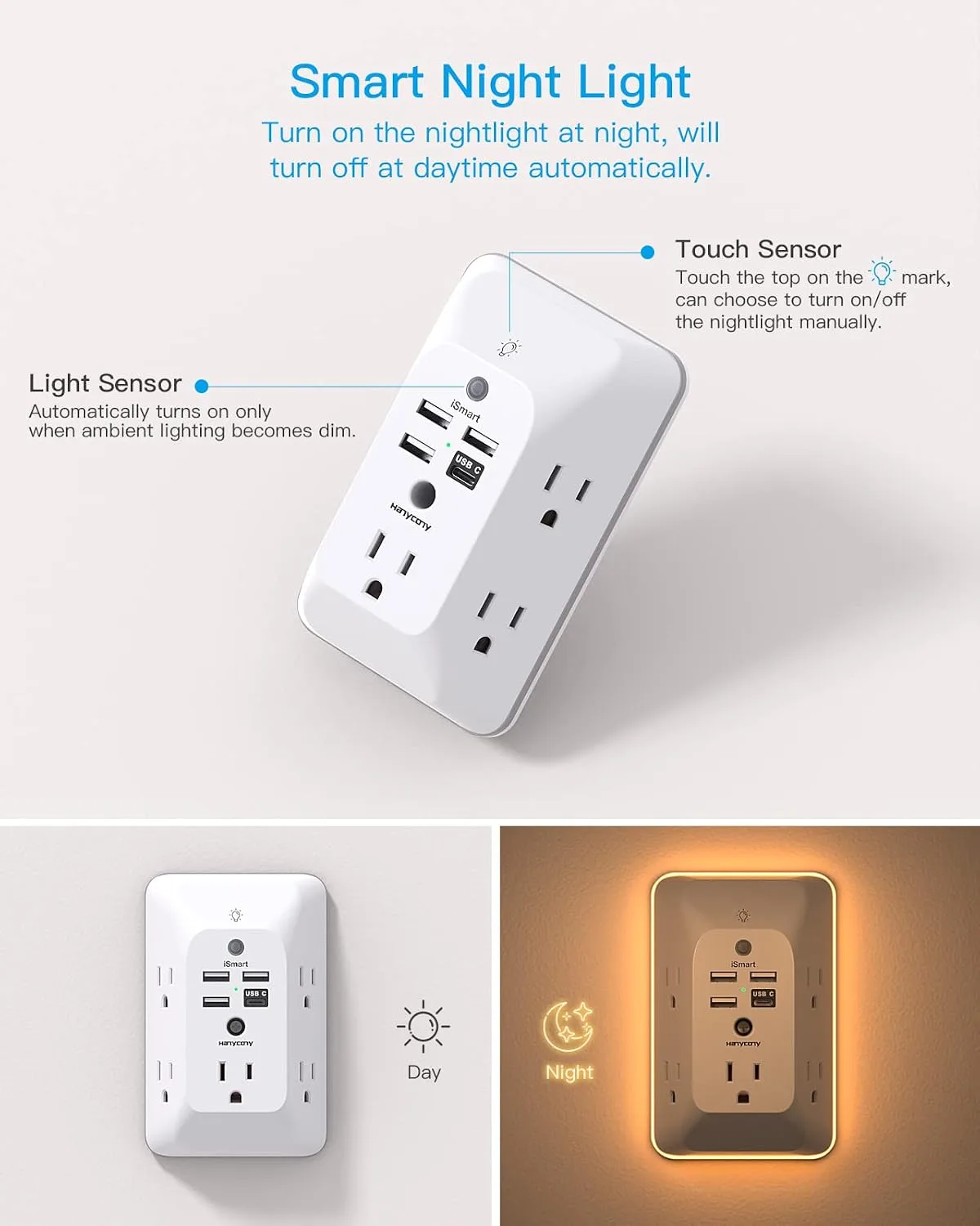 Outlet Extender with Night Light and Surge Protection - detail view 1