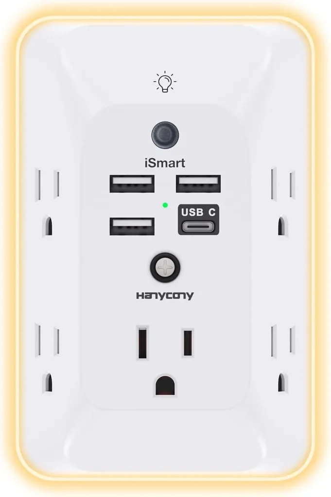 Outlet extender with night light, multi plug wall outlet, surge protector