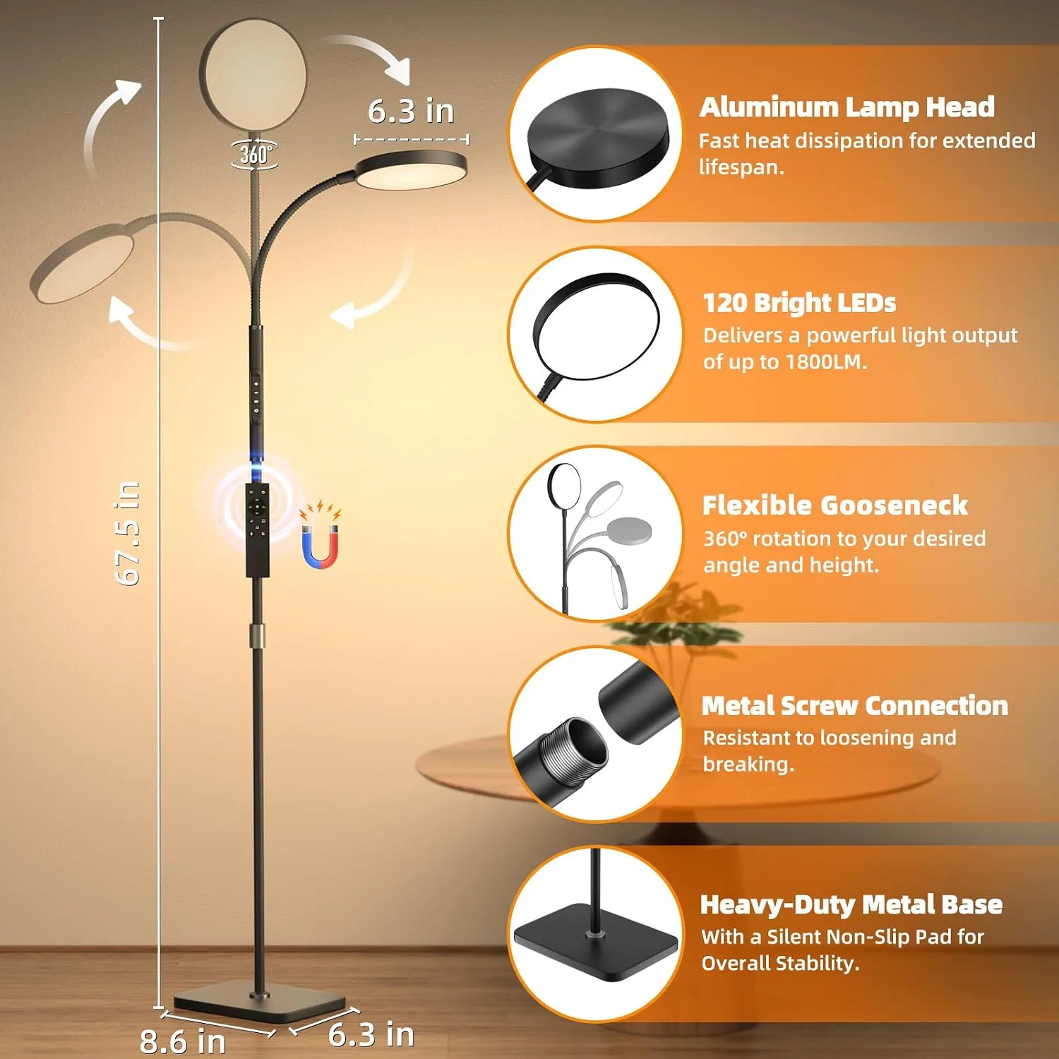 PACOVY Floor Lamp – Adjustable 120 LED Reading Light - detail view 4