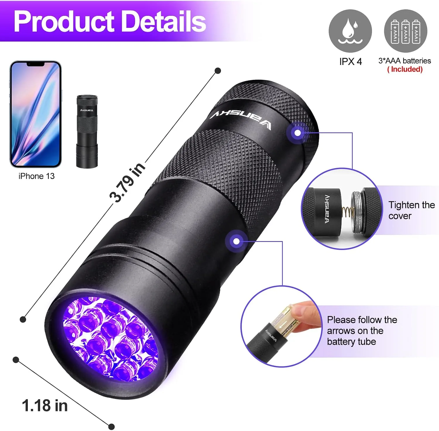 Vansky 395nm UV Flashlight - Pet Urine Detection - detail view 7